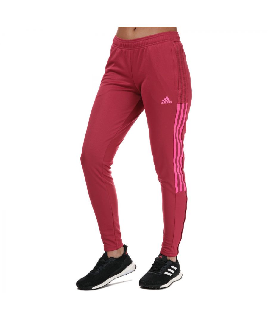 Womens adidas Tiro 21 Track Pants in pink.- Drawcord on elastic waist.- Front zip pockets.- Ankle zips.- Moisture-absorbing.- Elastic ribbing on lower legs.- adidas branding.- Regular tapered fit.- Main Material: 100% Polyester (Recycled). Machine wash at 30 degrees.- Ref: GP0729