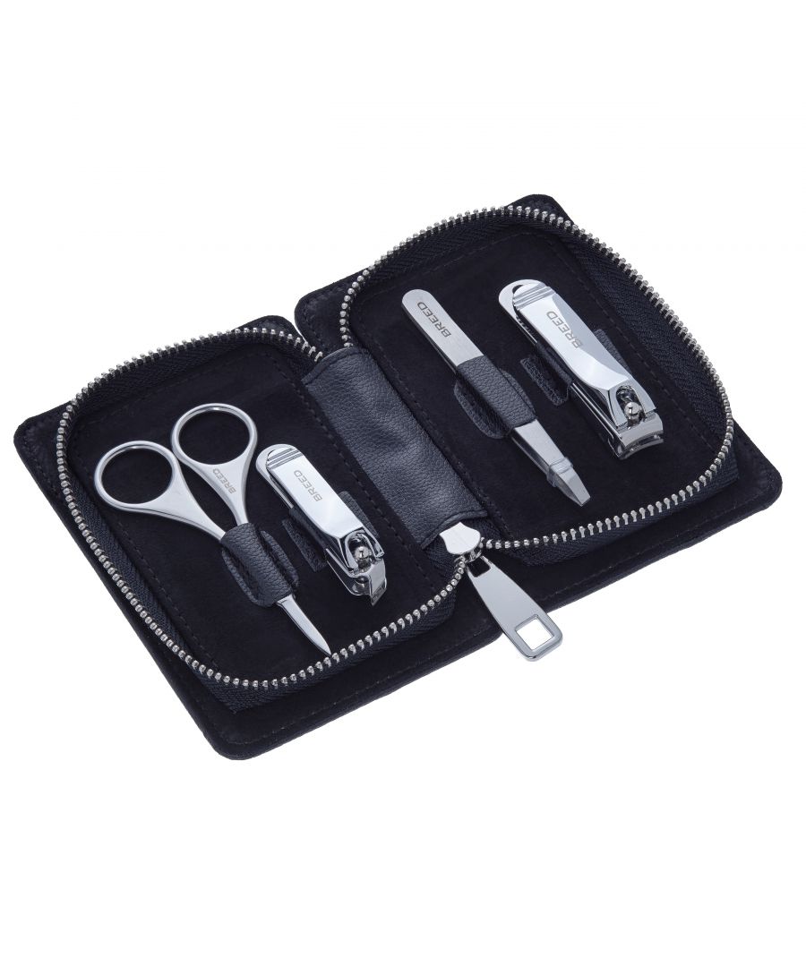 SPECIFICATIES: 4-delige set, Chirurgisch RVS gereedschap; INBEGREPEN: Heavy-duty reisetui met ritssluiting, nagelknipper, teennagelknipper, neusgat + wenkbrauwschaar, pincet