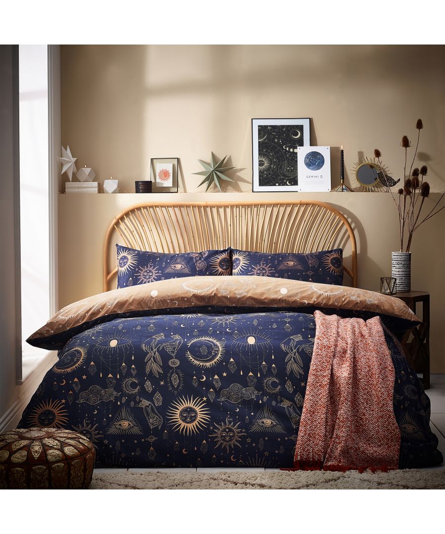 Fall asleep under mystical golden moons, stars and suns, set on a night sky navy background, with this fabulously designed duvet set. The striking gold reversible design allows you to choose which colour you wish, depending on your mood.