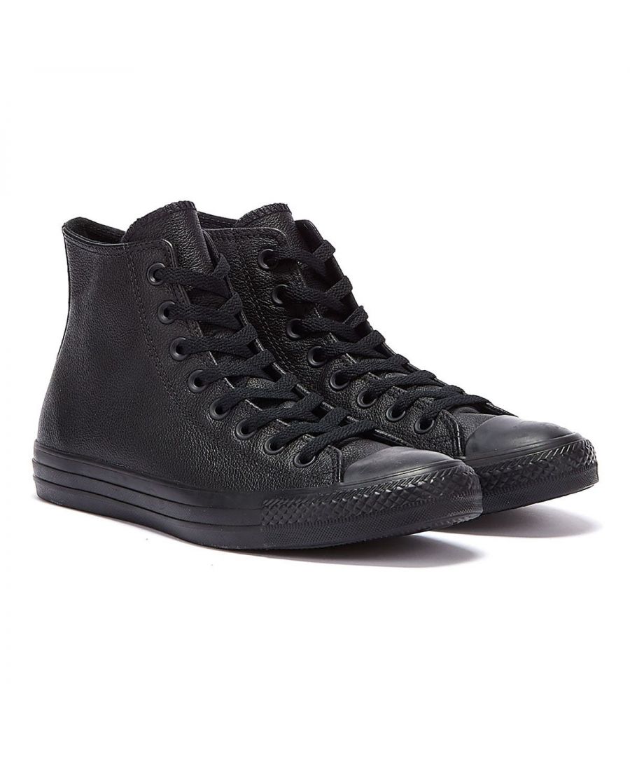 The Converse hi-top in mono black is another classic edition of the ever popular all star Chuck Taylor. The upper is made of a comfortable and breathable leather and a durable rubber sole has the all star branding on the heel and Converse's unique tread.