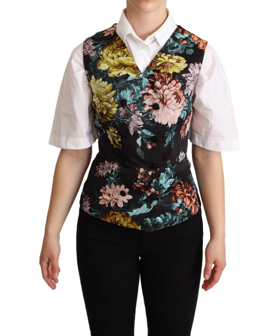 DOLCE & GABBANA\nGorgeous brand new with tags, 100% Authentic Black floral print waistcoat. Features a front button fastening.\nModel: Sleeveless vest waistcoat\nMaterial: 60% Polyester 37% Silk 3% Elastane\nColor: Black with multicolor floral jacquard\nFront button closure\nLogo details\nMade in Italy