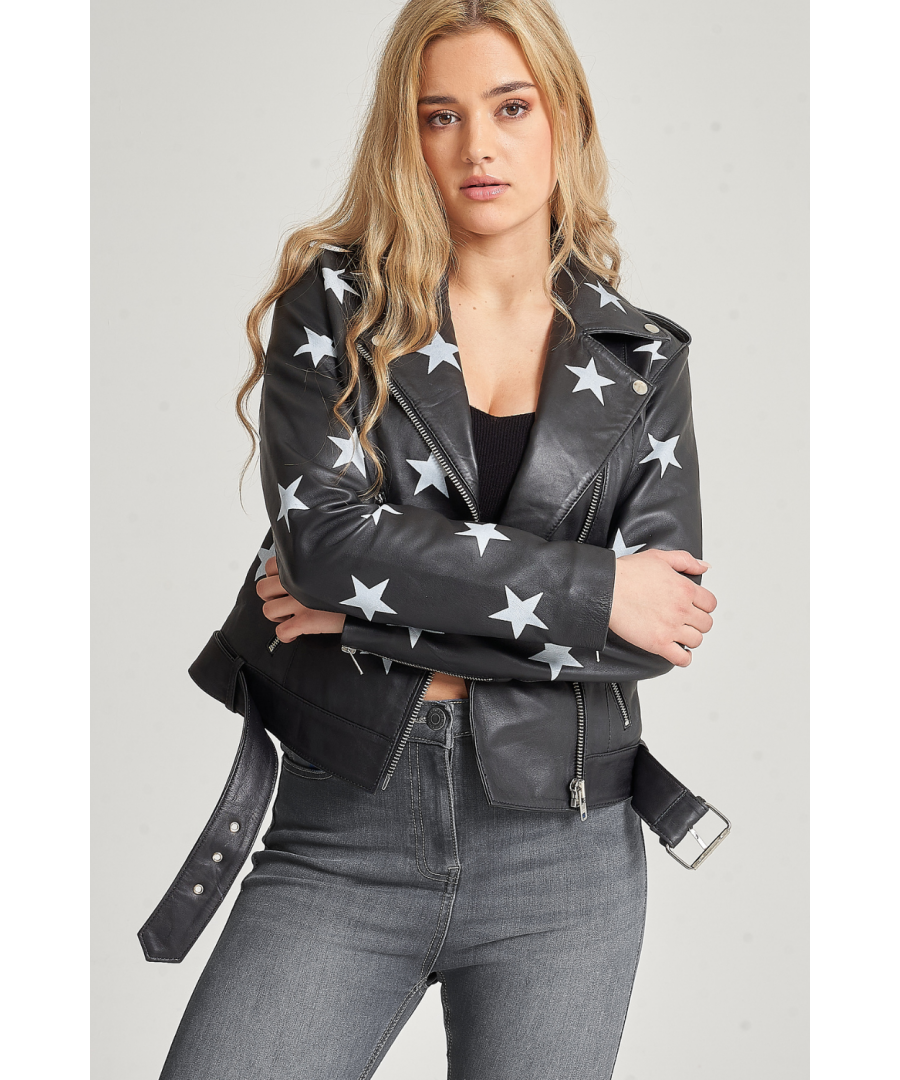 Playful and edgy, this star print leather jacket from BARNEY & TAYLOR is a style statement. The jacket is made from buttery soft sheep nappa leather that has been hand-selected by the BARNEY & TAYLOR team for its durability.