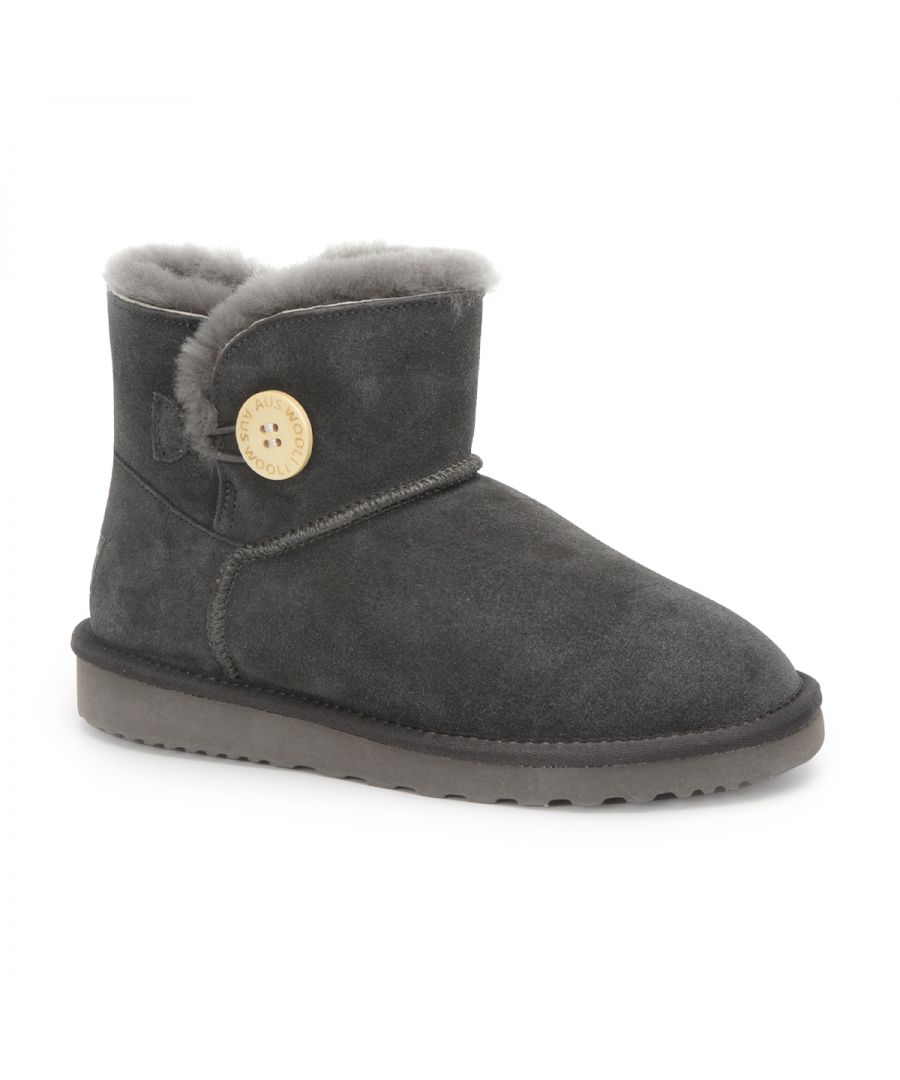 Button featured sheepskin boot – easy to slip on\n\nFull leather Suede upper -Water Resistant\nSoft premium genuine Australian Sheepskin wool lining \nSustainably sourced and eco-friendly processed \nUnisex boots – button trim for that extra fashion kick \nRubber High-density EVA blend outsole - making it lighter, softer and more durable \nDouble stitching and reinforced heel \nSheepskin breathes allowing feet to stay warm in winter and cool in summer \n100% brand new and high quality, comes in a branded box, suitable for a gift