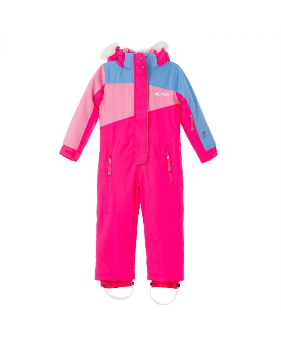 Keep your little one safe and warm out on the slopes in the Meribel Infants Ski Suit by Nevica. This ski suit features central zip closure with a button storm flap and an information tag on the inside in case your little one gets lost on the slopes. There are zip side pockets for safe storage, a zip ski lift pass pocket and touch and go adjustable cuffs to avoid getting snow in your sleeves. This water resistant piece also features a chin guard, fleece interior lining, reflective exterior sections, a bold block colour design and a fur lined detachable hood to complete the look. Full zip central closure > Button storm flap > Information tag > Zip side pockets > Touch and go adjustable cuffs > Water resistant > Chin guard > Fleece lining > Colour block design > Zip ski pass pocket > Reflective sections > Detachable rubber foot straps > Zip removable fur hood > Nevica branding > 100% Polyester