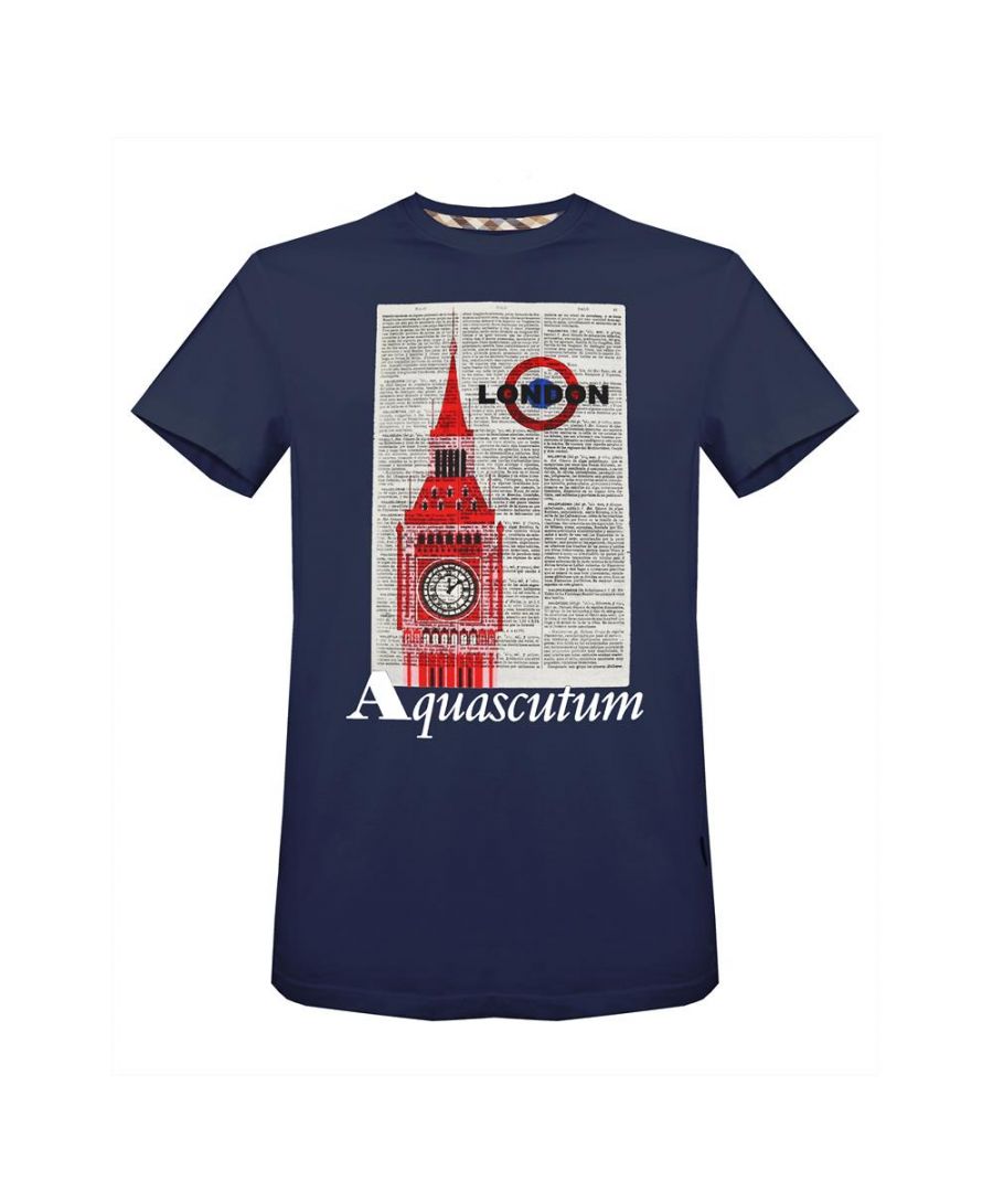 Aquascutum Mens T-Shirt with Big Ben Design in Navy