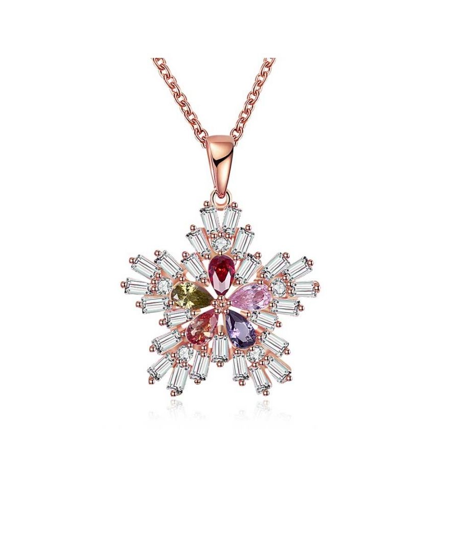 Snowflake Necklace and Pendant in Swarovski Crystal Beautiful snowflake pendant made of white and multicolored Swarovski crystals. Frame rose gold plated. Dimension: 3 x 2.3 cm Length of the chain of 45 cm
