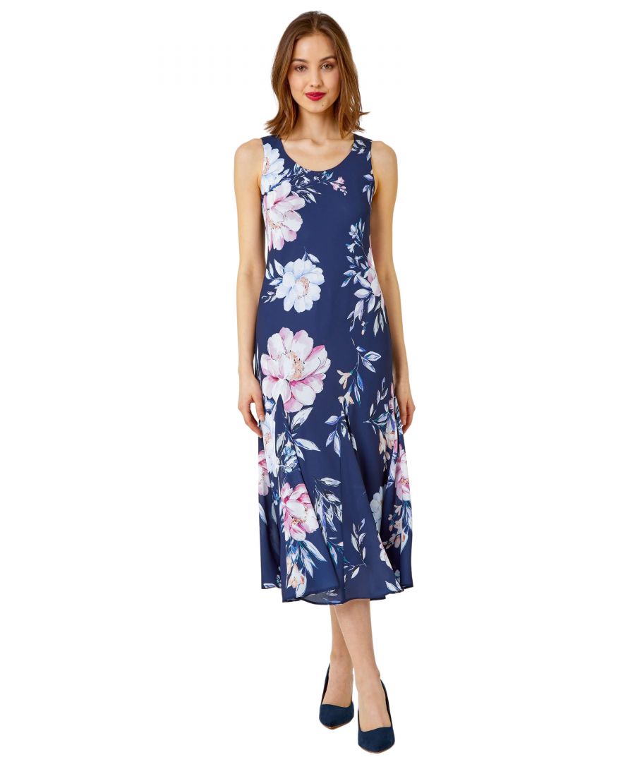 Roman Womens Sleeveless Floral Print Bias Midi Dress - Navy - Size 16 UK