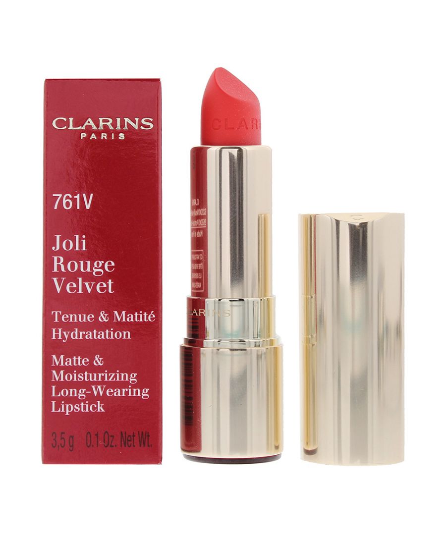 Clarins Joli Rouge Velvet Long- Wearing Lipstick, enriched with organic Salicornia extract and mango oil, moisturises and nourishes the lips. The long-wearing, satin finish colour stays on for 6 hours.
