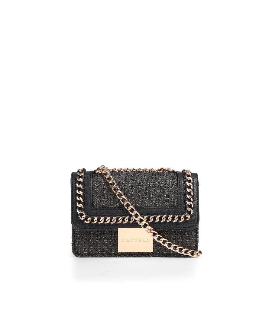 The Mini Bailey Quilted Chain Cross Body features a black raffia exterior with gold glitter running through. The front flap is embellished with gold tone chain and the bag is closed with a gold tone branded plate. 13cm (H), 21cm (L), 7cm (D). Strap length: 116cm. Strap drop: 59cm. Magnetic snap closure. Can fit phones up to 7 inches. Internal pocket.