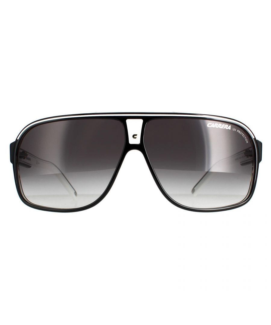 Carrera Sunglasses Grand Prix 2 T4O 9O Black Dark Grey Gradient another superb retro acetate frame with their flattened aviator style shape from Carrera suitable for the race track or the high street. Jenson Button wears Carrera and they don't look bad on the pit lane girls either!