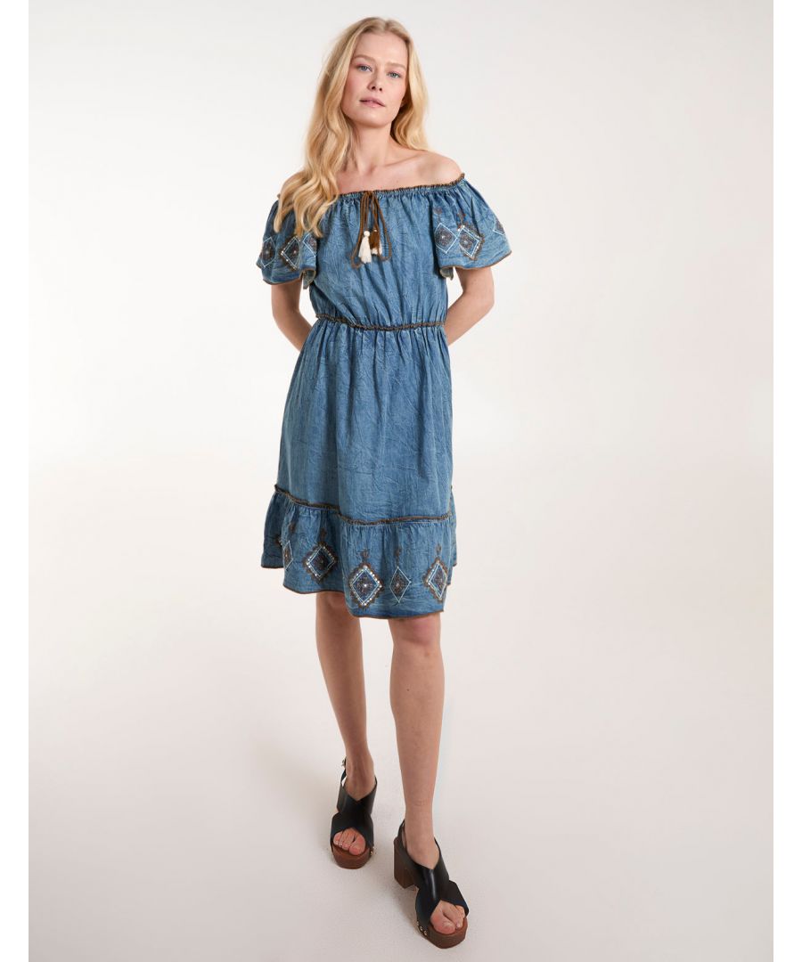 Blue Vanilla Womens Denim Embroidered Tiered Dress - Size Medium