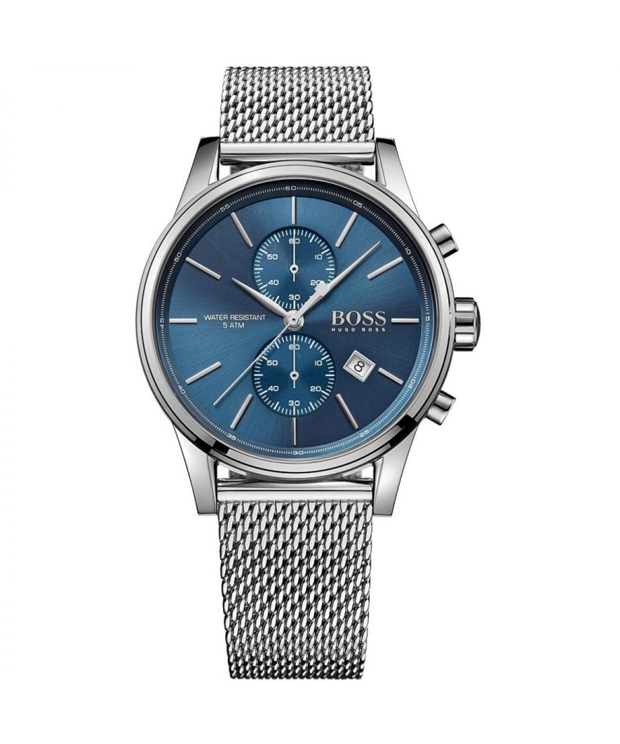 Hugo Boss 1513441 available in stock with chronograph functions. Case is made out of Stainless Steel while the colour is blue with silver tone baton hour markers. Free standard shipping. EAN 7613272218528