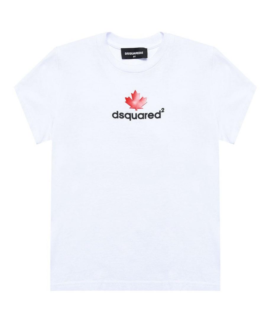 This Kids White logo print cotton T-shirt is crafted from cotton and features a slogan print, round neck, short sleeves, straight hem and the logo print to the front.\n \n\nWhite/multicolour\nCotton\nLogo print to the front\nSlogan print\nRound neck\nShort sleeves\nStraight hem