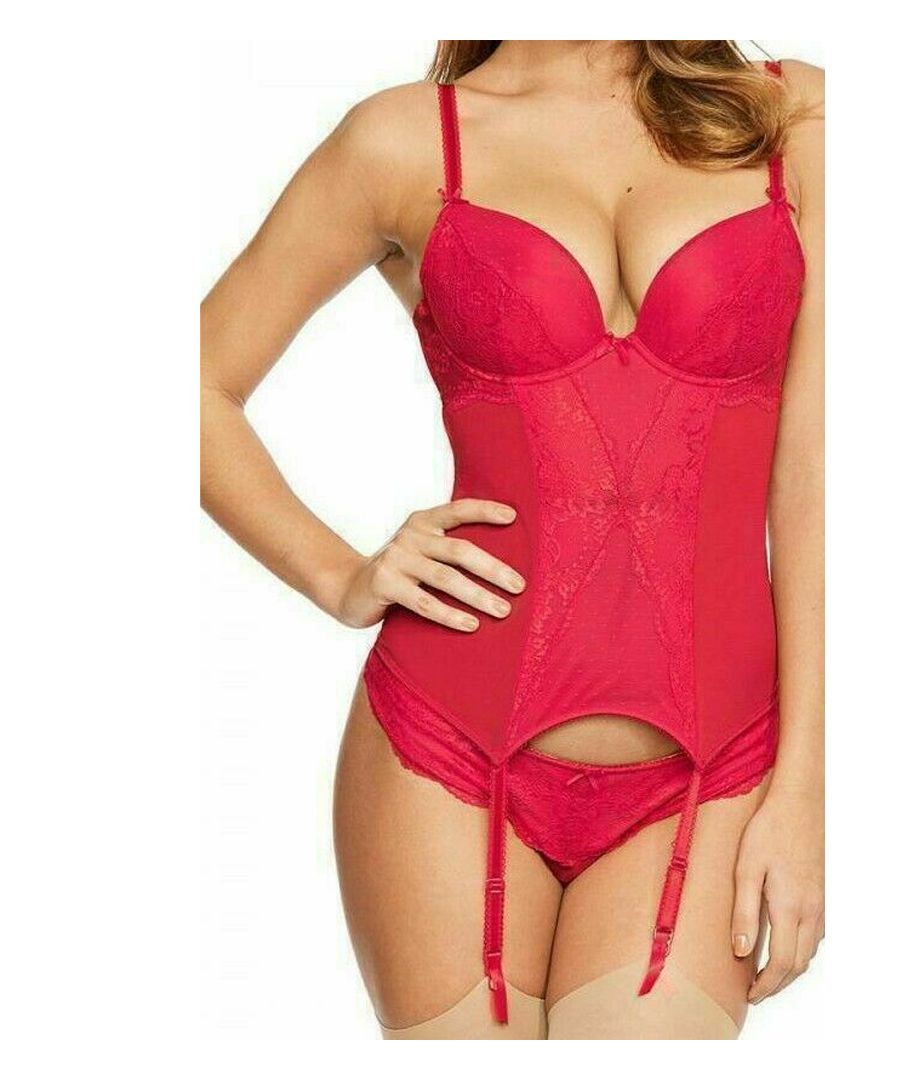 This gorgeous Figleaves Juliette corset features delicate red lace for a sexy look. Padded and underwired cups give uplift and support, whilst the plunging neckline allows you to show off your cleavage. Hook & eye fastening and adjustable straps for the perfect fit. Product code: 173531.
