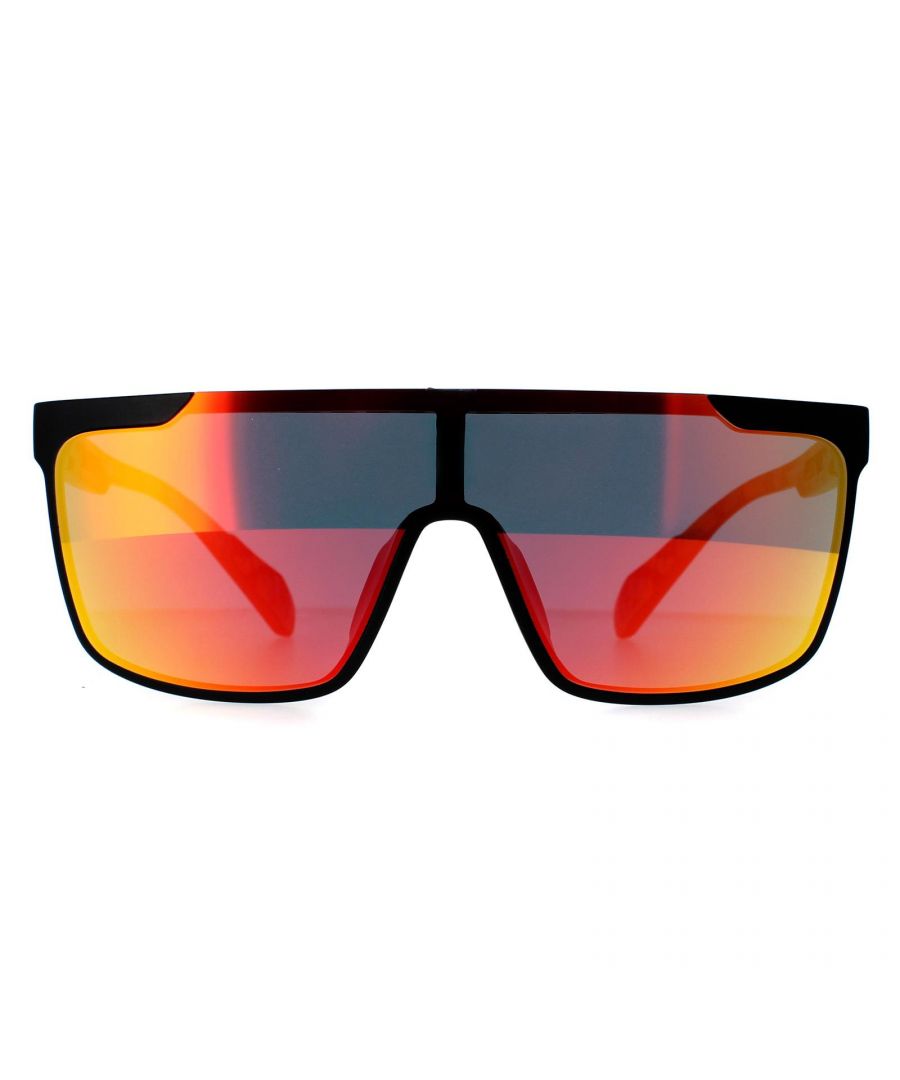 Adidas Shield Mens Matte Black Orange Camo Contrast Mirror Red SP0020  Sunglasses feature a sleek and bold design, with a lightweight frame and the iconic Adidas logo on the temples. The frame is made from a durable and lightweight acetate that provides both comfort and longevity.