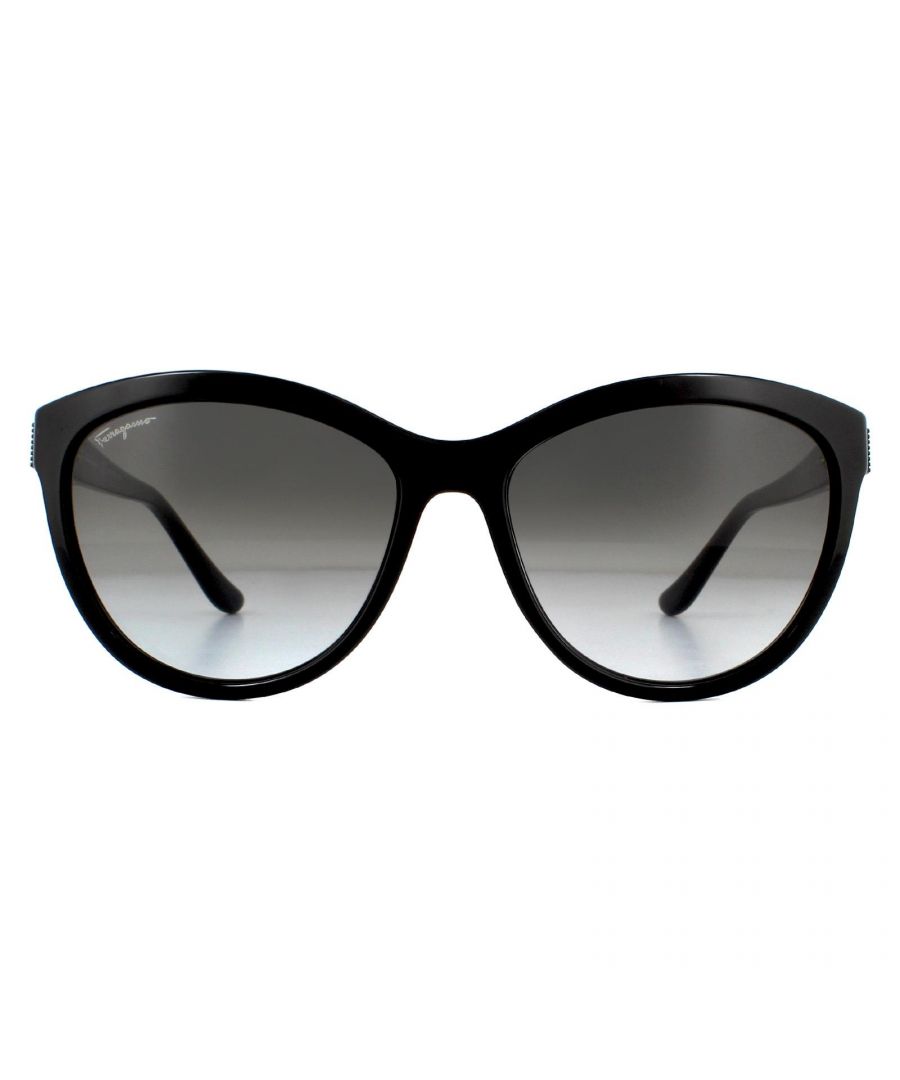 Salvatore Ferragamo Sunglasses SF760S 001 Black Gray Gradient are an elegant cat eye shape with a metal buckle accent on the temple with the Ferragamo logo engraved in the middle.