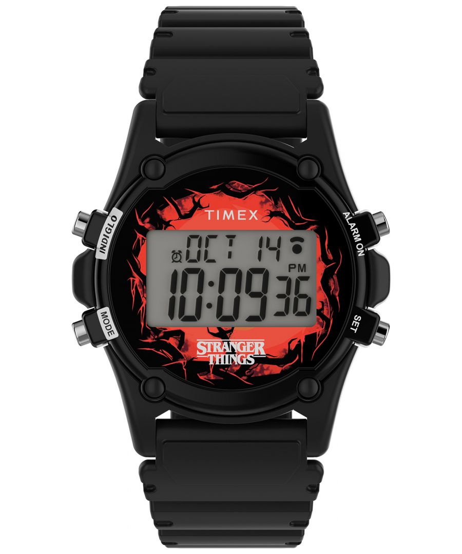 This Timex Stranger Things Atlantis Digital Watch for Men is the perfect timepiece to wear or to gift. It's Black 38 mm Round case combined with the comfortable Black Plastic watch band will ensure you enjoy this stunning timepiece without any compromise. Operated by a high quality Quartz movement and water resistant to 10 bars, your watch will keep ticking. This sporty and trendy watch is a perfect gift for New Year, birthday,valentine's day and so on  -The watch has a calendar function: Day-Date, Stop Watch, Lap Timer, Alarm, Indiglo Light High quality 21 cm length and 20 mm width Black Plastic strap with a Buckle Case diameter: 38 mm,case thickness: 10 mm, case colour: Black and dial colour: LCD