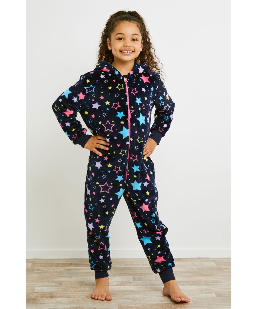 This hooded all-in-one from Threadgirls features a zip fastening and all-over print. It has ribbed cuffs on the wrists and ankles for comfort. Made from a soft-touch fabric to ensure a cosy feel. Other styles are also available.