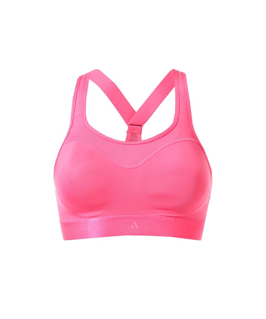 Womens adidas Stronger For It Racer Bra in real pink.<BR><BR>High support bra for maximum-impact workouts.<BR>- V-neck.<BR>- Racer back with breathable mesh back panel.<BR>- Adjustable hook and eye clasp fastening.<BR>- Moulded cups for comfort and support.<BR>- Elastic bottom band with soft brushed back.<BR>- adidas logo printed at centre bottom band.<BR>- High support.<BR>- Main material: 87% Nylon  13% Elastane.  Mesh: 81% Polyester  19% Elastane.  Machine washable.<BR>- Ref: EA3389