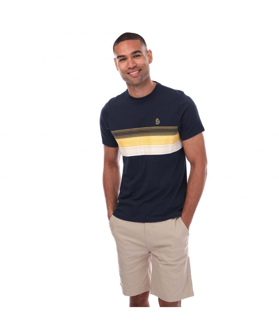 Mens Luke 1977 Nashville Printed T- Shirt in navy yellow.- Crew neck.- Short sleeves.- Iconic LUKE BLACK  GOLD  RED lion head embroidery.- Iconic LUKE tri-colour trim tape.- Graduated contrast stripe chest print.- 100% Cotton.  - Ref:M520180NY