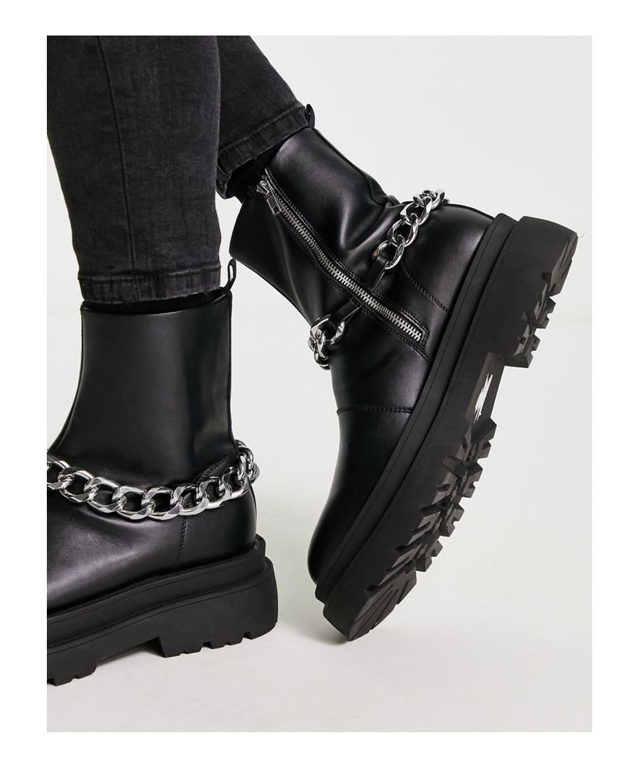 Boots by ASOS DESIGN Next stop: checkout Pull tab for easy entry Zip-side fastening Chain detail Chunky sole Lugged tread Sold by Asos