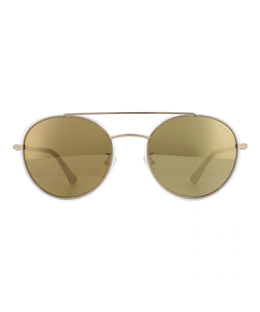 Police Sunglasses SPL870 Coupe 1 8FFG Light Gold Crystal Grey Brown Gold Mirror  are a contemporary round style with a double bridge, a metal frame front and plastic temples. The signature Police gothic 'P' logo is showcased on each temple.