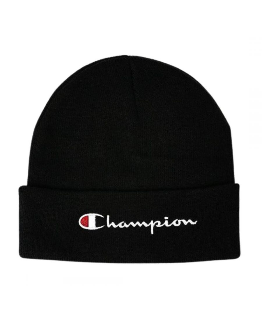 Champion Classic Script Logo Black Beanie. Champion Black Hat. 100% Acrylic. Stretching Fit. Branded Logo. Product Code - 805103 KK001