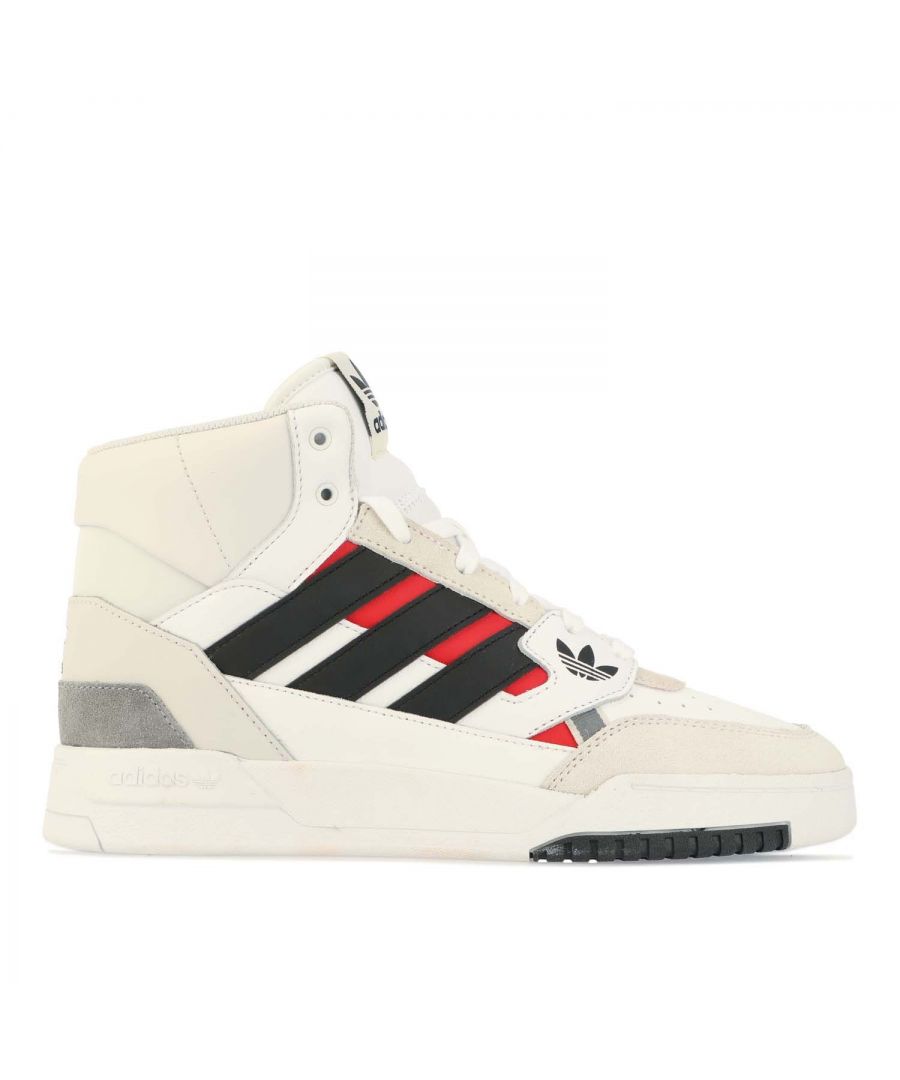 Mens adidas Originals Drop Step SE Shoes in white black.- Leather upper.- Lace up closure.- Padded ankle collar.- Geometric panelling  angled 3-Stripes.- Branding to heel  side and tongue.- EVA midsole insert.- Textile lining.- Rubber outsole.- Ref: GV9447
