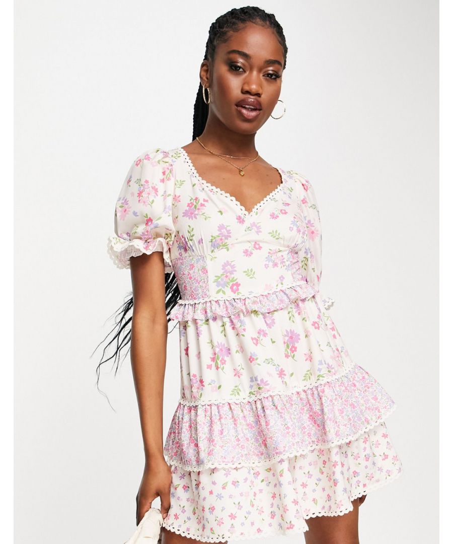Mini dress by Miss Selfridge Love at first scroll Sweetheart neck Puff sleeves Tie and zip-back fastening Regular fit Sold by Asos