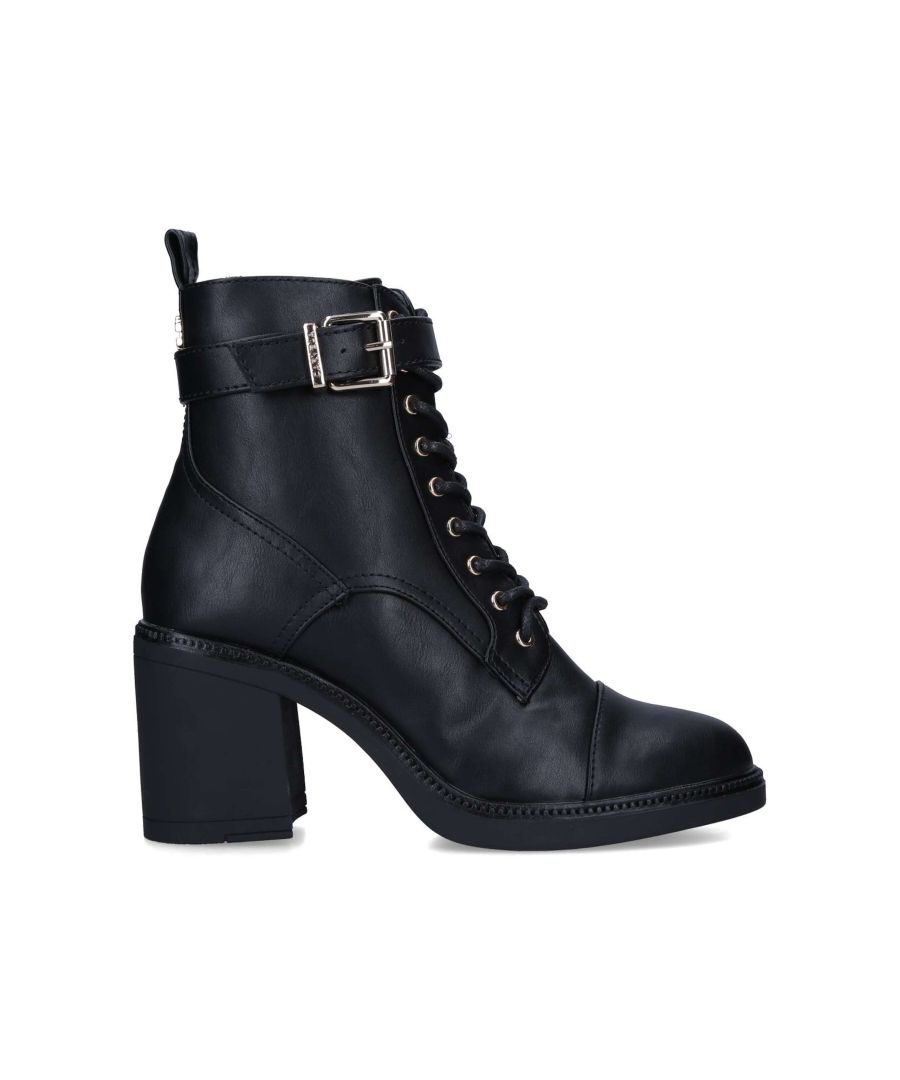 The Temple ankle boot features a black upper. The front is lace up with added buckled strap. The hardware is gold tone across the exterior of the boot. Heel height: 80mm.