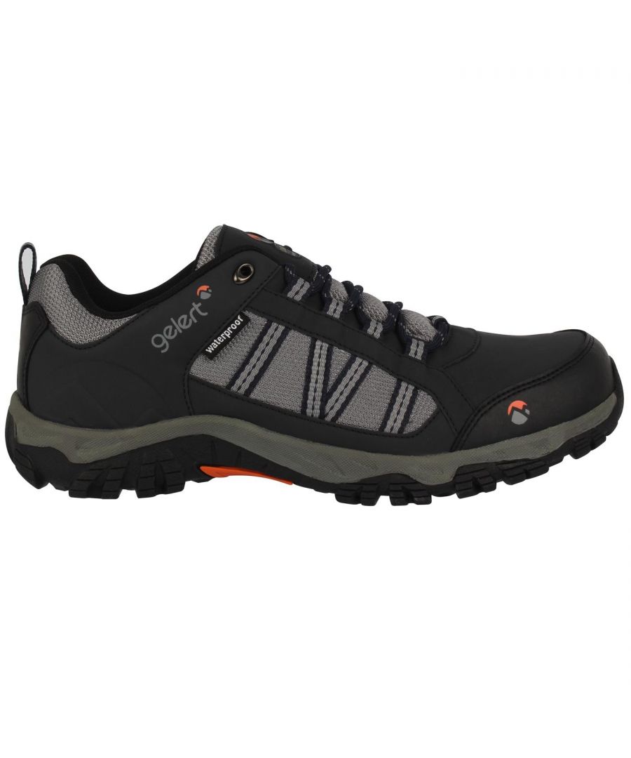 Gelert Horizon Low Waterproof Mens Walking Shoes - The Gelert Horizon Low Waterproof Mens Walking Shoes benefit from a moulded rubber outsole for maximum durability with a multi-directional grip pattern for added stability and traction underfoot on all terrains. These Gelert walking shoes also combine a breathable mesh upper with added synthetic overlays reinforcing the midfoot area of the shoe for added support and stability. A waterproof membrane in these shoes are perfect for keeping your feet dry when exploring the wilderness. Gelert branding provides a great look that also offers instant brand recognition.  > This product may have slight cosmetic differences from the image shown due to assorted colours or updated seasonal collections > Mens Walking Shoes > Waterproof > Lace-up > Waterproof membrane > Low cut ankle > Shaped heel for support > Cushioned insole > Moulded grip pattern > Synthetic / textile upper, Textile inner, Synthetic sole > Wipe clean with a damp cloth