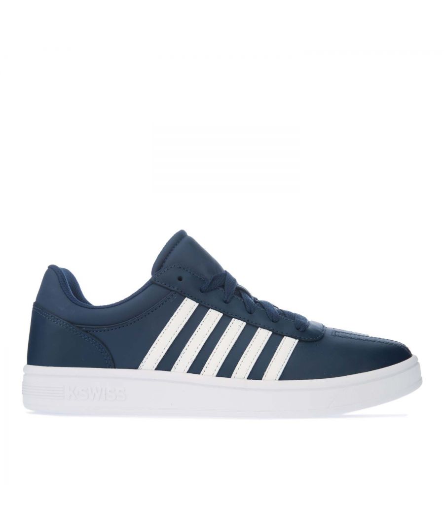 Mens K- Swiss Court Chesterfield Trainers in navy.-Leather upper.- Lace closure.- Padded tongue.- K Swiss branding.- K Swiss stripes down the side.- Textile collar lining.- Die-cut EVA sock liner.- Rubber outsole.- Leather upper  Textile lining  Synthetic sole.- Ref: 05782055