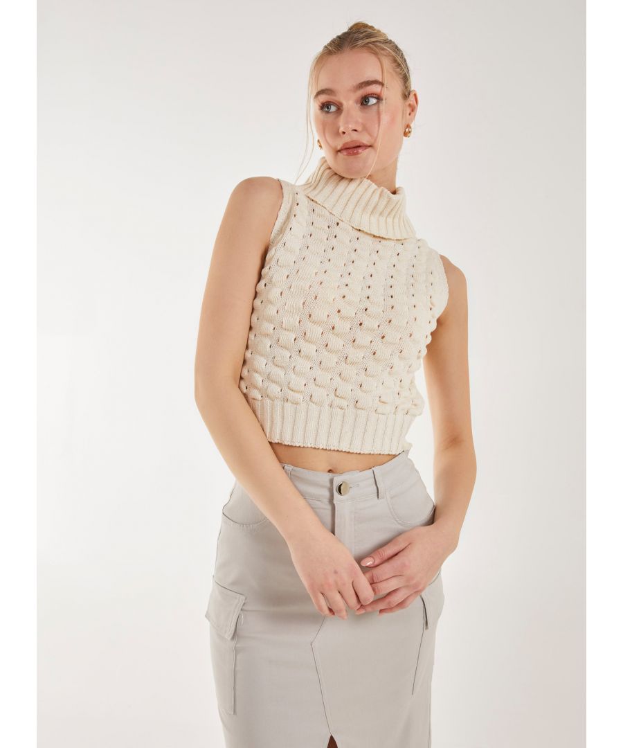 Pink Vanilla Womens Knitted High Neck Threaded Sleeveless Top - Ivory - Size Small