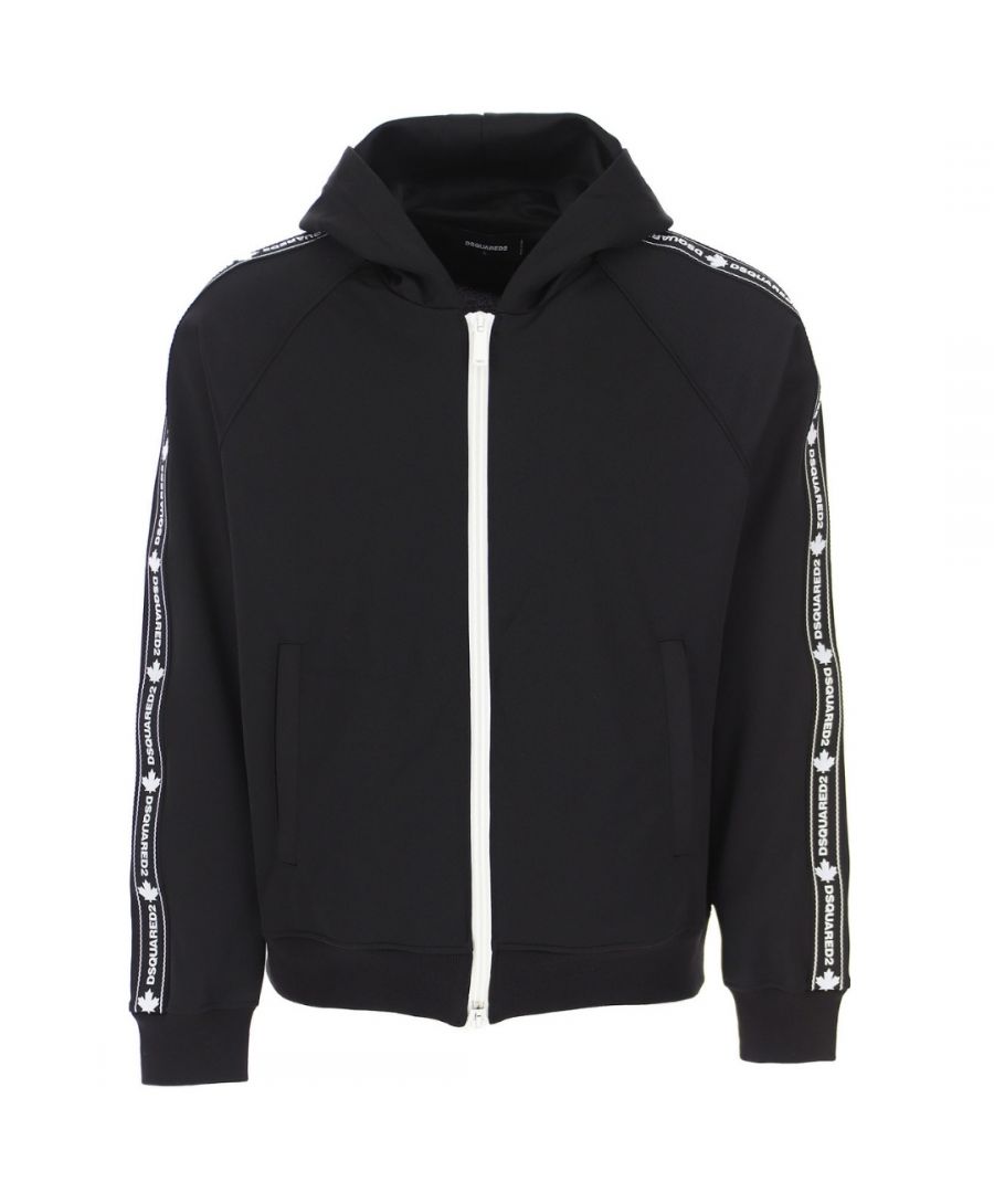 Dsquared2 Cool Fit Arm Logo Black Zip Hoodie. Dsquared2 Black Hoodie. 50% Cotton, 50% Polyester, Made In Italy. Elasticated Neck, Sleeve Ends and Bottom. Large Logo Print Down Arms. Style Code: S74HG0103 S23686 900
