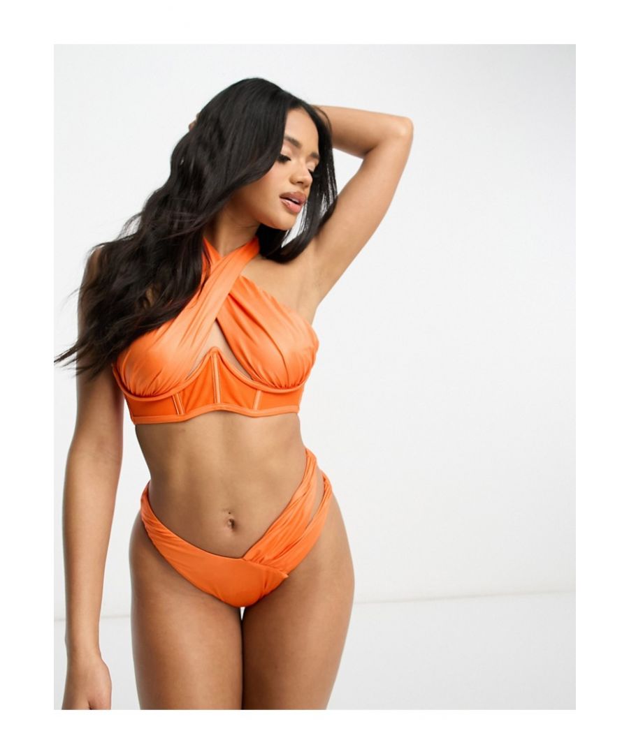 ASOS DESIGN Womens corset monowire cross neck bikini top in orange - Size 4 UK