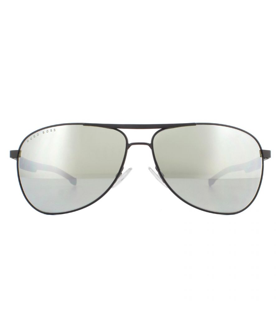 Hugo Boss Sunglasses BOSS 1199/N/S 003/T4 Matte Black Silver Mirror are a classic aviator design with a lightweight metal frame and teardrop shaped lenses. Slender temples have a patterned plastic section, and the metal half features the Hugo Boss logo engraving.