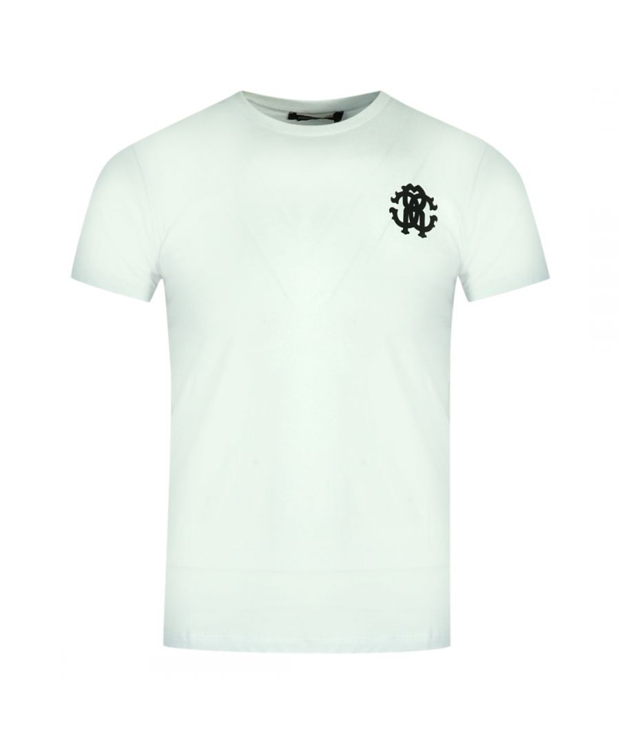 Roberto Cavalli wit T-shirt met luipaardprint en logoprint. Roberto Cavalli wit T-shirt. 100% katoen. Groot motief op de achterkant van het T-stuk. Ronde hals. Stijl: IST61I JD060 MT032