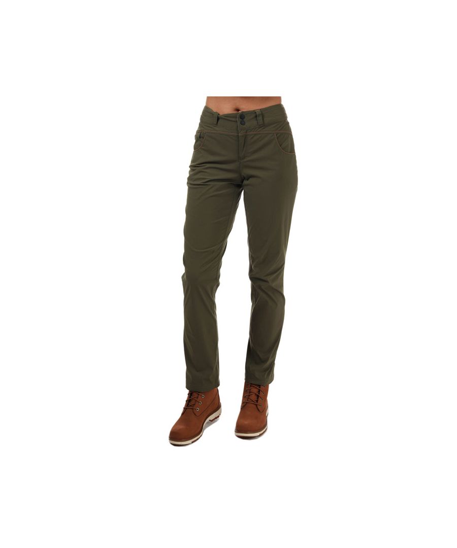Womens Berghaus Amelia Trousers in khaki.- Elasticated waist.- Treated with PFC-free DWR to resist water absorption.- Articulated knees.- Zipped security pocket  two front hand pockets  back pockets.- Contains bluesign® approved fabrics.- Flattering fit.- 95% Polyamide  5% Elastane. Machine washable.- Ref: 422196CB9