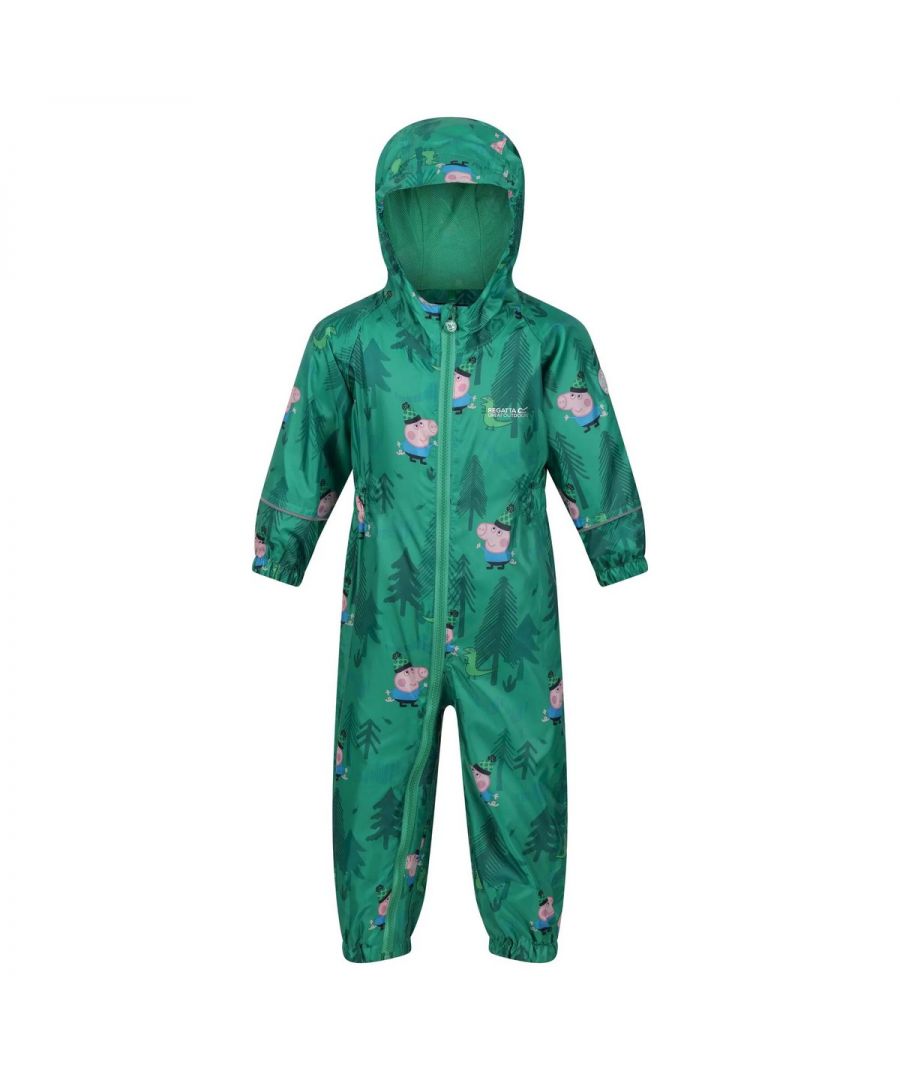 100% Polyester. Fabric: Isolite. Design: Dinosaurs, Printed. Characters: George Pig. Lining: Mesh. Cuff: Elasticated. Neckline: Hooded. Sleeve-Type: Long-Sleeved. Branded Zip Pull, Elasticated Ankles, Elasticated Waist, Reflective Trim. Fabric Technology: Breathable, DWR Finish, Lightweight, Waterproof, Windproof. Hood Features: Grown On Hood. Fastening: Full Zip. 100% Officially Licensed.
