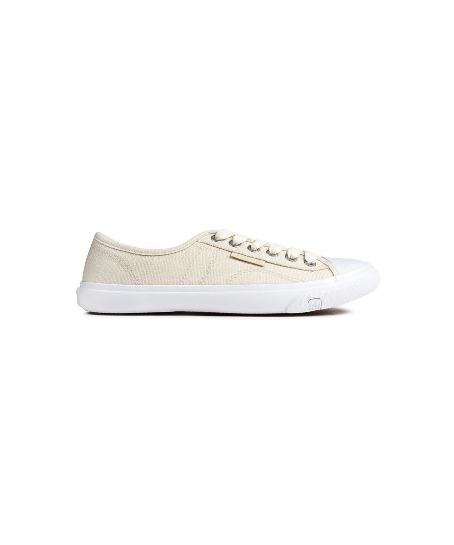 Womens natural Superdry low pro sneaker trainers, manufactured with canvas and a rubber sole. Featuring: vulcanised sole, breathable side eyelets, rubber toe cap and contrast colour sock and sole.