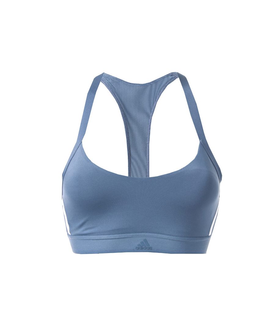 Womens adidas All Me 3-Stripes Sports Bra in tech ink.<BR><BR>Light support bra made for a smaller bust  perfect for low-intensity sessions on the mat and in the studio.<BR>- Scoop neck.<BR>- Elasticated shoulder straps.<BR>- Y back with breathable mesh back panel.<BR>- Removable pads for comfort and support.<BR>- Breathable mesh lining.<BR>- Elastic bottom band with soft brushed back.<BR>- 3-Stripes to sides.<BR>- adidas logo printed at centre bottom band.<BR>- Light support.<BR>- Body shell: 75% Recycled polyester  25% Elastane.  Mesh: 81% Recycled polyester  19% Elastane.  Lining: 80% Recycled polyester  20% Elastane.  Machine washable.<BR>- Ref: EB3664