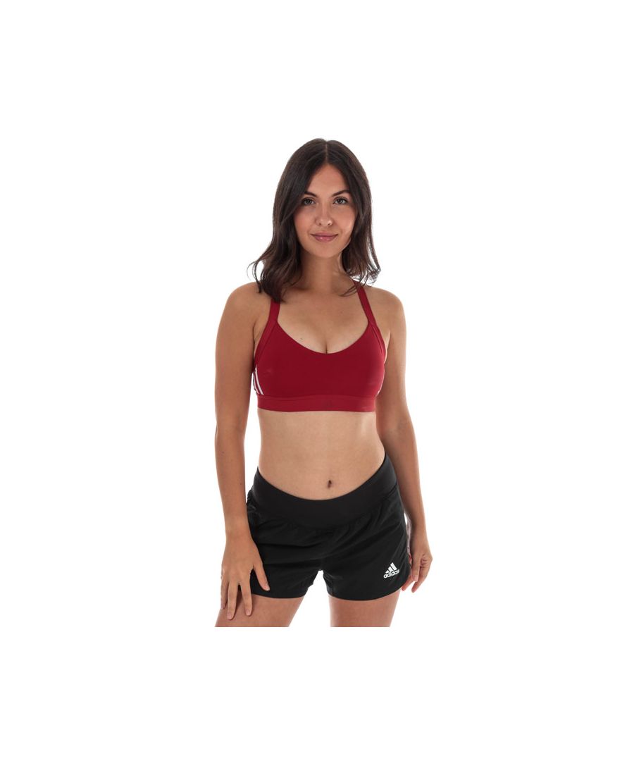 Womens adidas All Me 3-Stripes Sports Bra in active maroon.<BR><BR>Light support bra made for a smaller bust  perfect for low-intensity sessions on the mat and in the studio.<BR>- Scoop neck.<BR>- Elasticated shoulder straps.<BR>- Y back with breathable mesh back panel.<BR>- Removable pads for comfort and support.<BR>- Breathable mesh lining.<BR>- Elastic bottom band with soft brushed back.<BR>- 3-Stripes to sides.<BR>- adidas logo printed at centre bottom band.<BR>- Light support.<BR>- Body shell: 75% Recycled polyester  25% Elastane.  Mesh: 81% Recycled polyester  19% Elastane.  Lining: 80% Recycled polyester  20% Elastane.  Machine washable.<BR>- Ref: EB3665