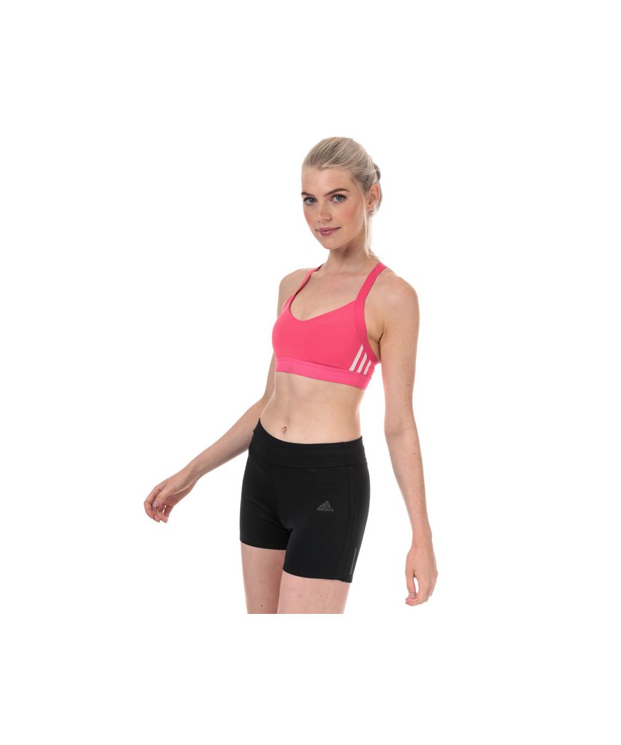 Womens adidas All Me 3-Stripes Sports Bra in real pink.<BR><BR>Light support bra made for a smaller bust  perfect for low-intensity sessions on the mat and in the studio.<BR>- Scoop neck.<BR>- Elasticated shoulder straps.<BR>- Y back with breathable mesh back panel.<BR>- Removable pads for comfort and support.<BR>- Breathable mesh lining.<BR>- Elastic bottom band with soft brushed back.<BR>- 3-Stripes to sides.<BR>- adidas logo printed at centre bottom band.<BR>- Light support.<BR>- Body shell: 75% Recycled polyester  25% Elastane.  Mesh: 81% Recycled polyester  19% Elastane.  Lining: 80% Recycled polyester  20% Elastane.  Machine washable.<BR>- Ref: EB3667