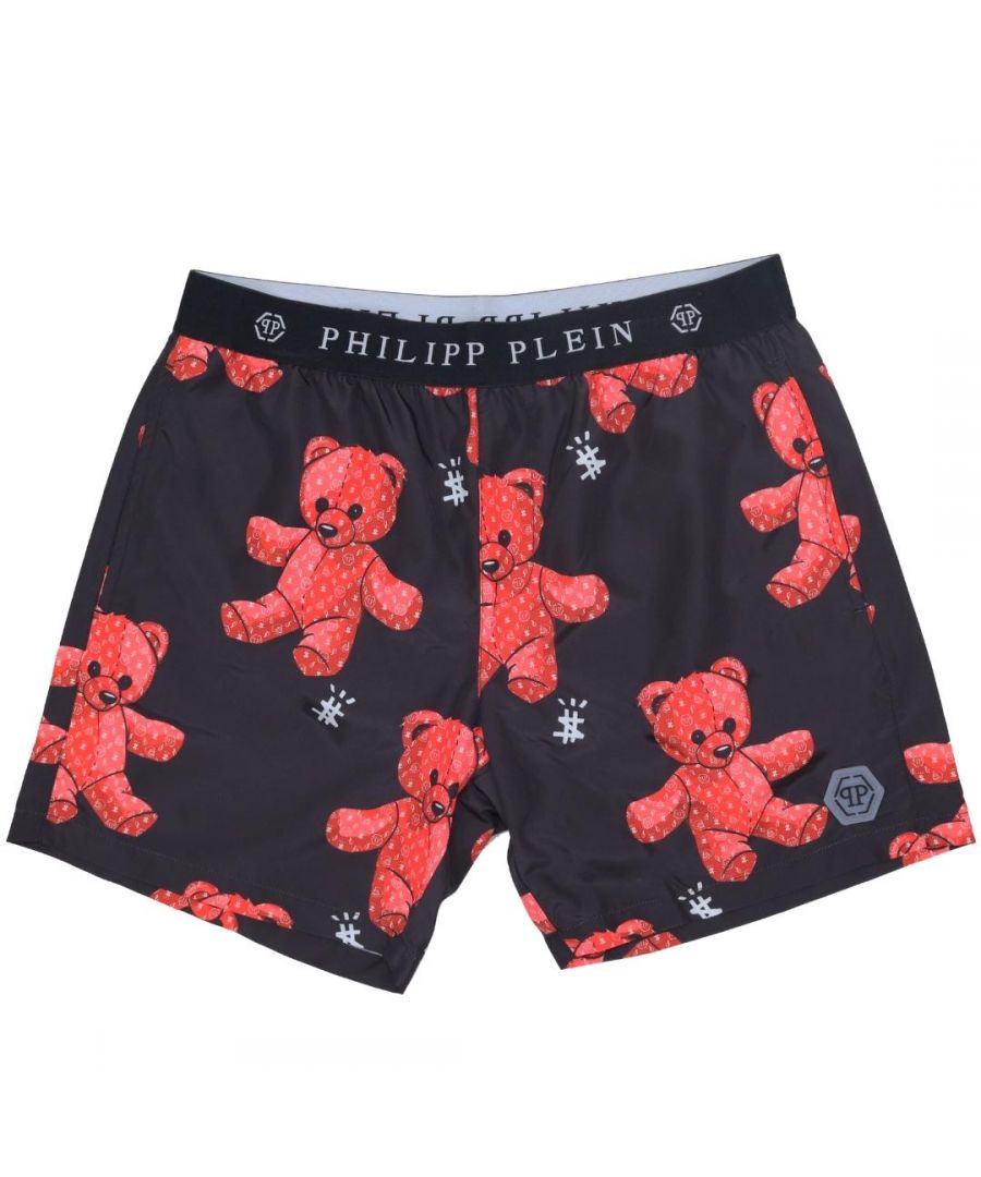 Philipp Plein Money Bear Black Swim Shorts. Philipp Plein Money Bear Black Swim Shorts. Elasticated Waistband. Branded Drawstring Fasten. Medium Boardshort Style. Product Code - CUPP03 M0199