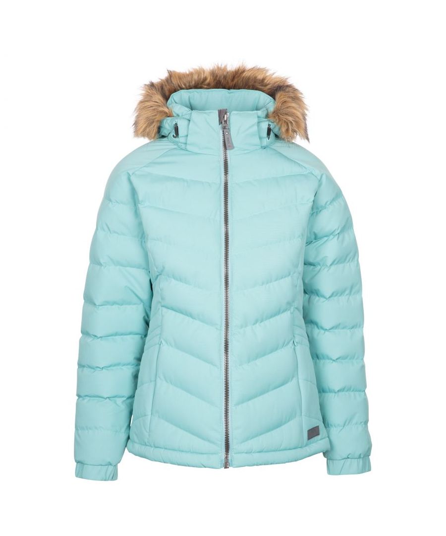 Padded. Contrast lining and CF zip. Adjustable zip off hood with fur trim. Elasticated cuff. 2 concealed zip pockets. Inner storm flap. Drawcord hem. Waterproof 2000mm, windproof. Shell: 100% Polyester, TPU membrane, Lining: 100% Polyester, Filling: 100% Polyester. Trespass Womens Chest Sizing (approx): XS/8 - 32in/81cm, S/10 - 34in/86cm, M/12 - 36in/91.4cm, L/14 - 38in/96.5cm, XL/16 - 40in/101.5cm, XXL/18 - 42in/106.5cm.