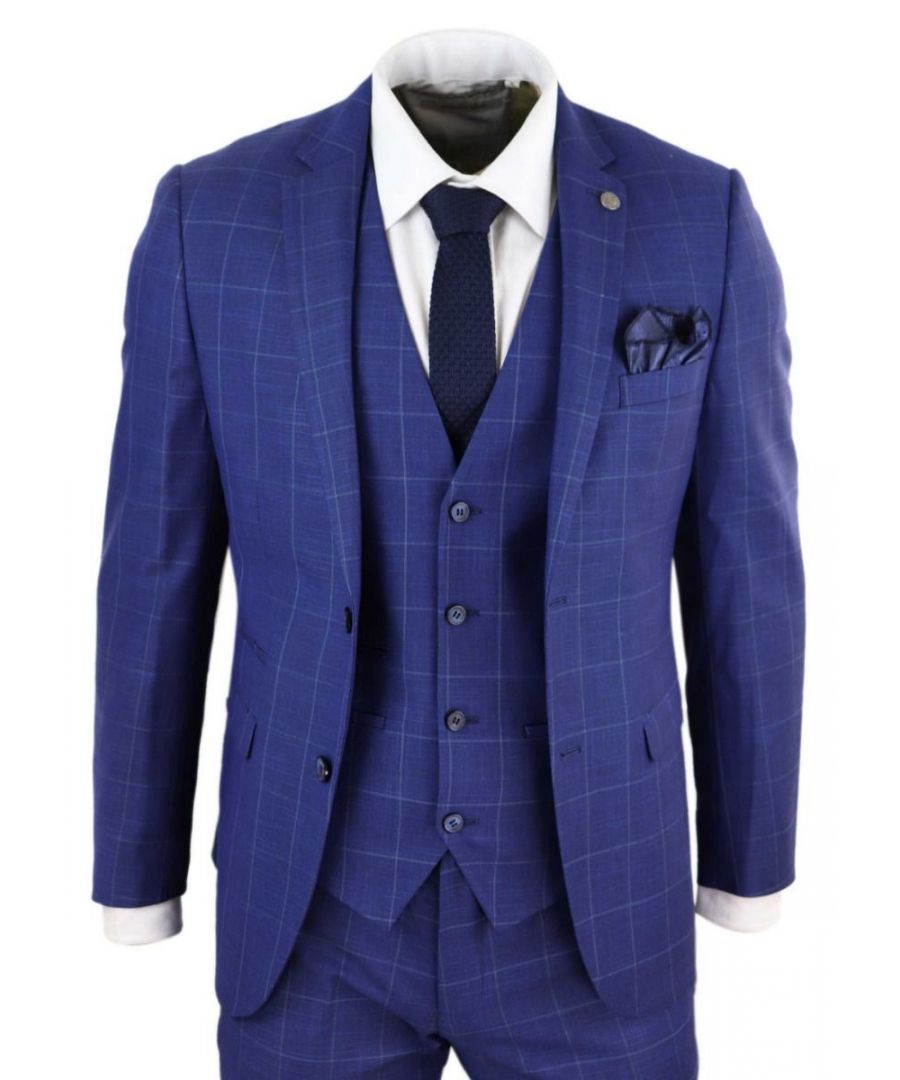 paul andrew mens 3 piece royal blue check vintage retro suit - size 52 (chest)