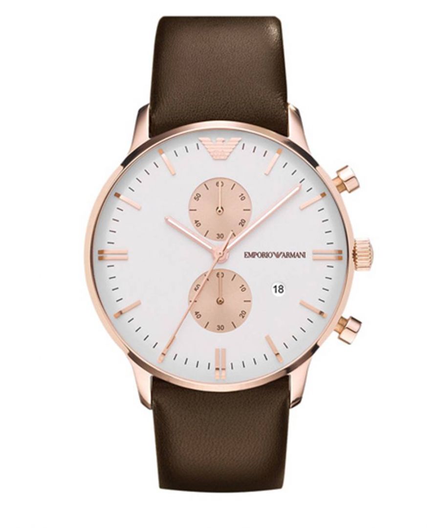 Emporio Armani AR0398 Classic herenhorloge. Dit oversized Emporio Armani herenhorloge heeft een roségouden kleur en een fijne roestvrijstalen kast en armband, aangedreven door een chronograaf kwartsuurwerk. EAN 4051432574160