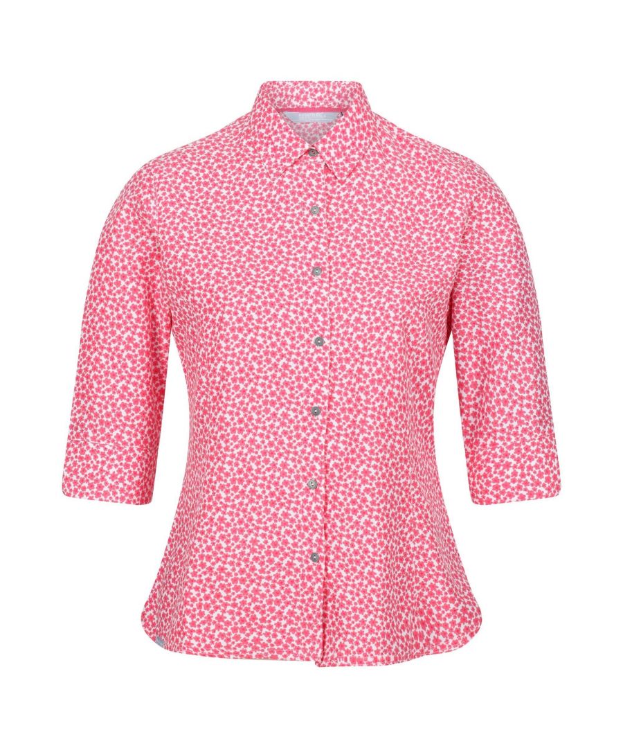 85% Polyester, 15% Viscose. Design: Floral. Fastening: Button. Neckline: Collared. Sleeve-Type: Turn Up. Branded Tab. Fabric Technology: Hardwearing, Moisture Wicking, Quick Dry.