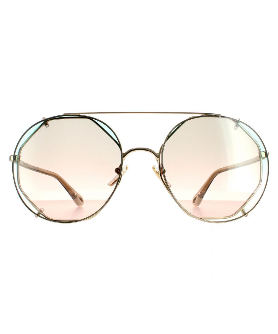 Chloe Round Womens Gold Green Gradient CH0041S  Sunglasses are a stylish round style with a sculptural wired frame, top brow bar and temples etched with the Chloe logo for authenticity.