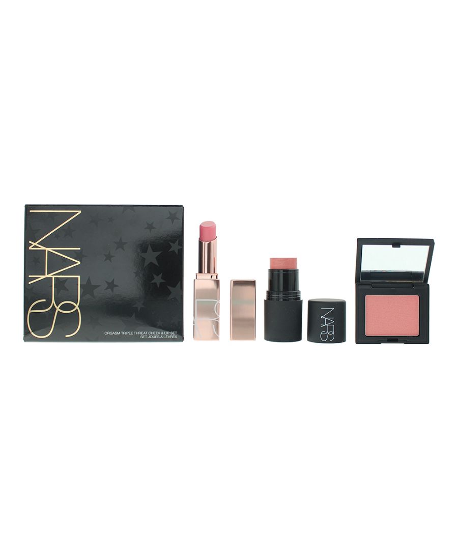 NARS Orgasm Triple Threat Cheek & Lip Set is a great holiday-edition featuring Orgasm in Mini Blush with superfine, micronized powder pigments to ensure an irresistibly soft, blendable application. Mini Multiple original multipurpose stick with a unique cream-to-powder formula for use on eyes, cheeks, lips, and body. A full-sized Afterglow Lip Balm infused with Monoï Hydrating Complex and antioxidants to hydrate and protect lips.